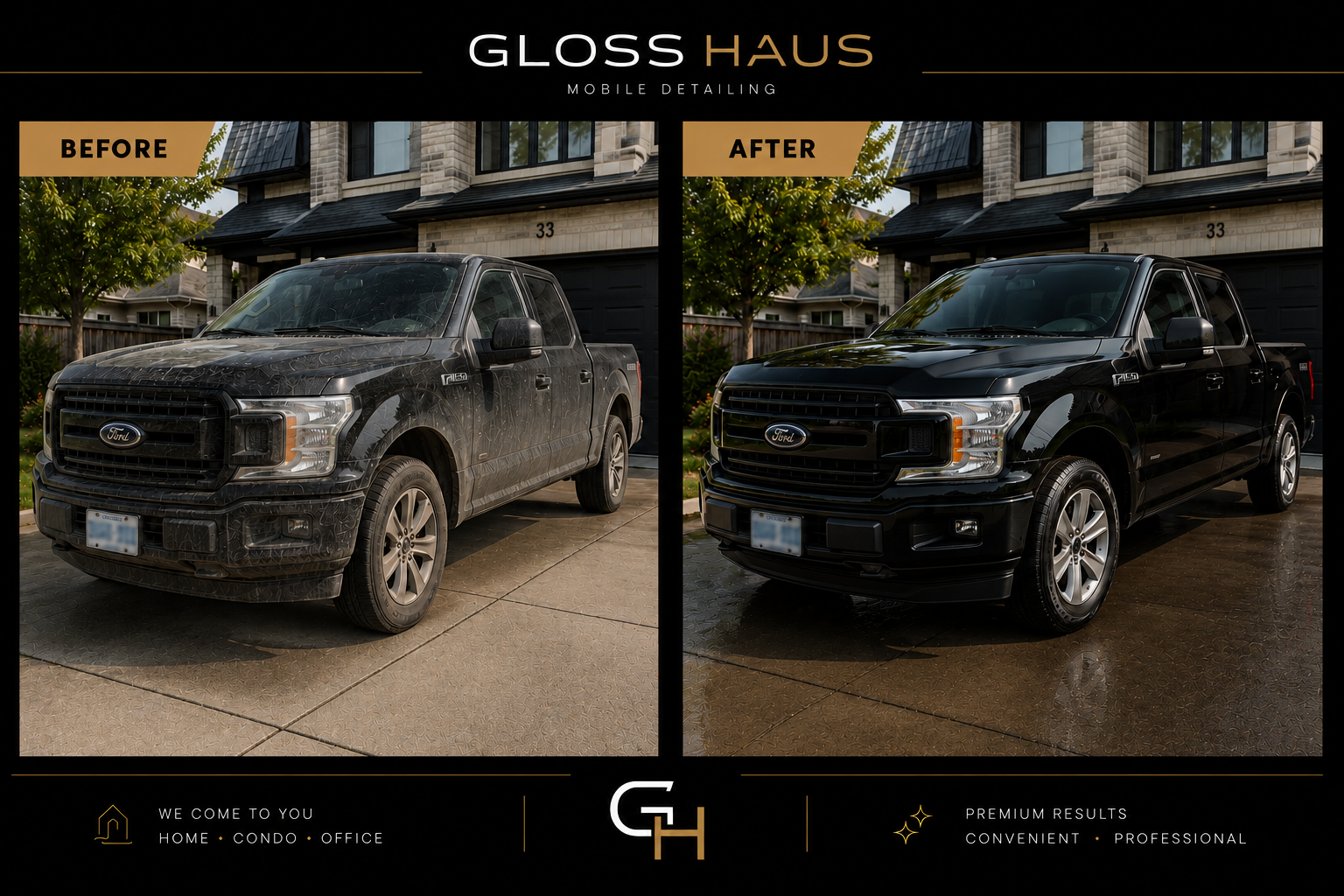 Before and after exterior detail of a black Ford F-150 truck parked in front of a home