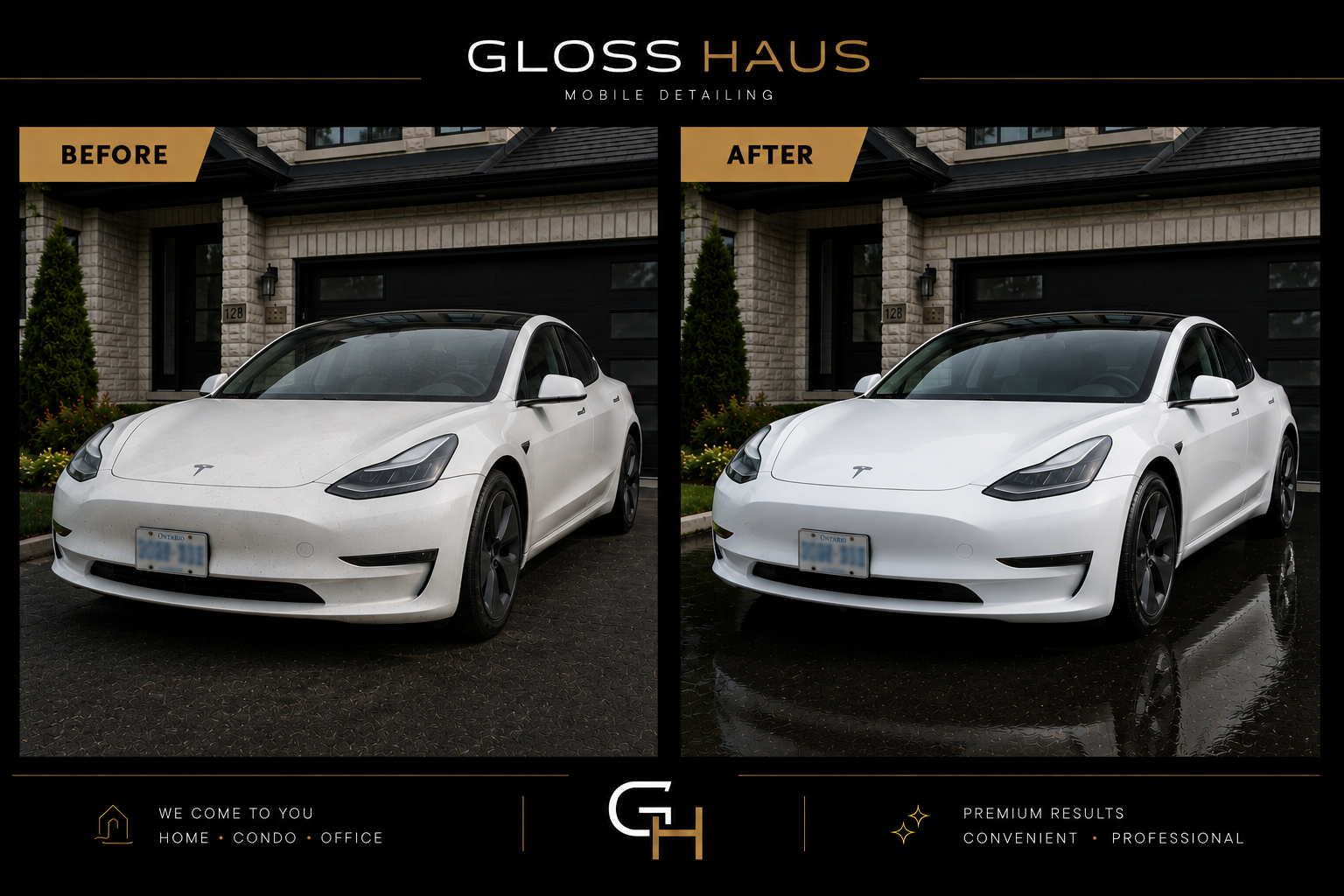 Before and after exterior detail of a white Tesla sedan with restored shine