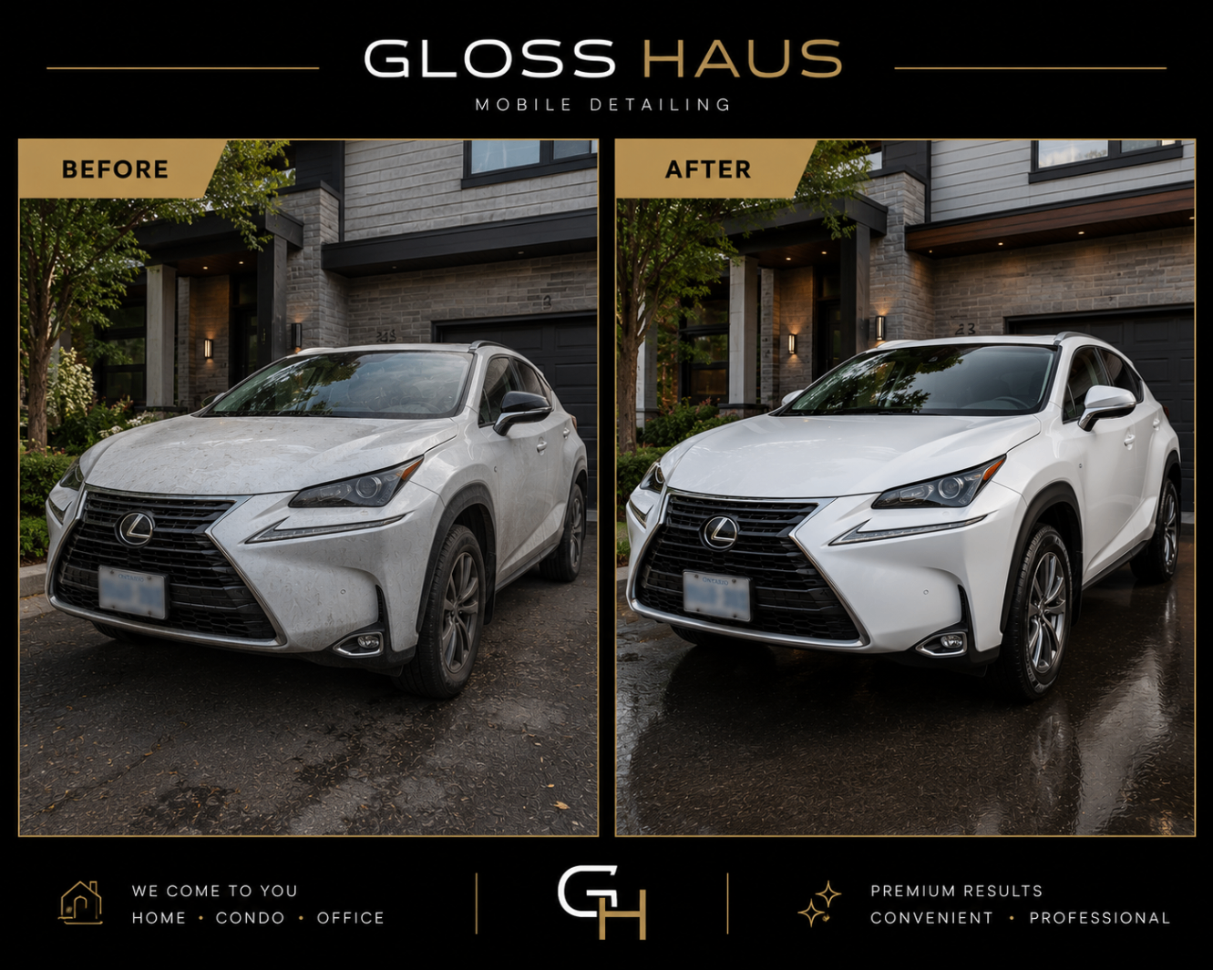 Before and after exterior detail of a white Lexus SUV in front of a modern home