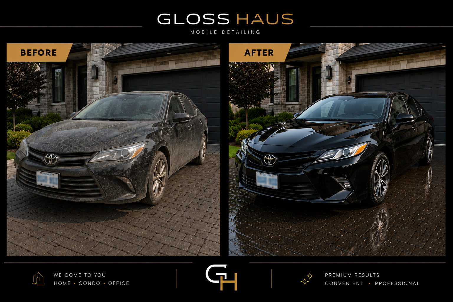 Before and after exterior detail of a black Honda SUV with enhanced gloss