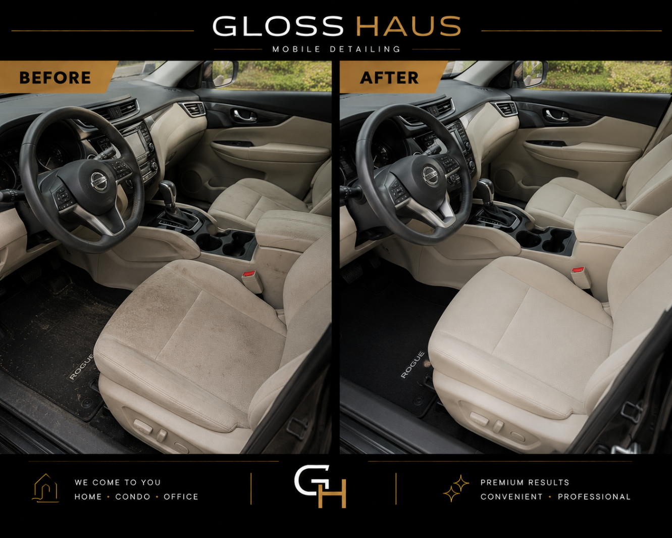 Before and after interior detail of a Nissan Rogue with restored light seats and floor mats