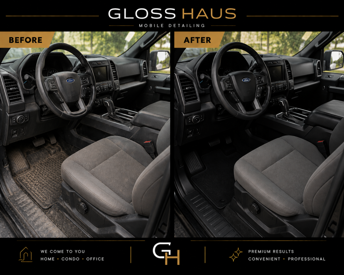 Before and after interior detail of a Ford truck cabin with cleaned flooring and seats