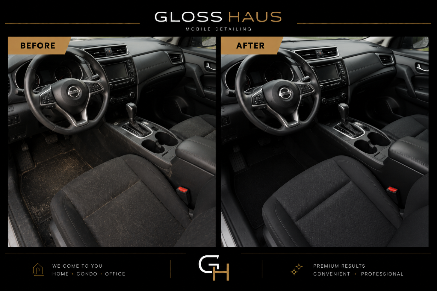 Before and after interior detail of a dark Nissan cabin with cleaned carpets and seats