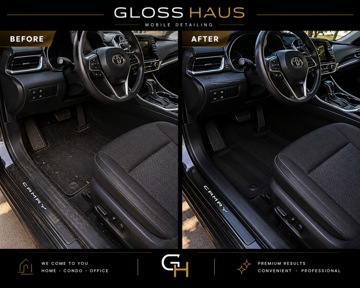 Before and after interior detail of a Toyota Camry driver footwell and seat